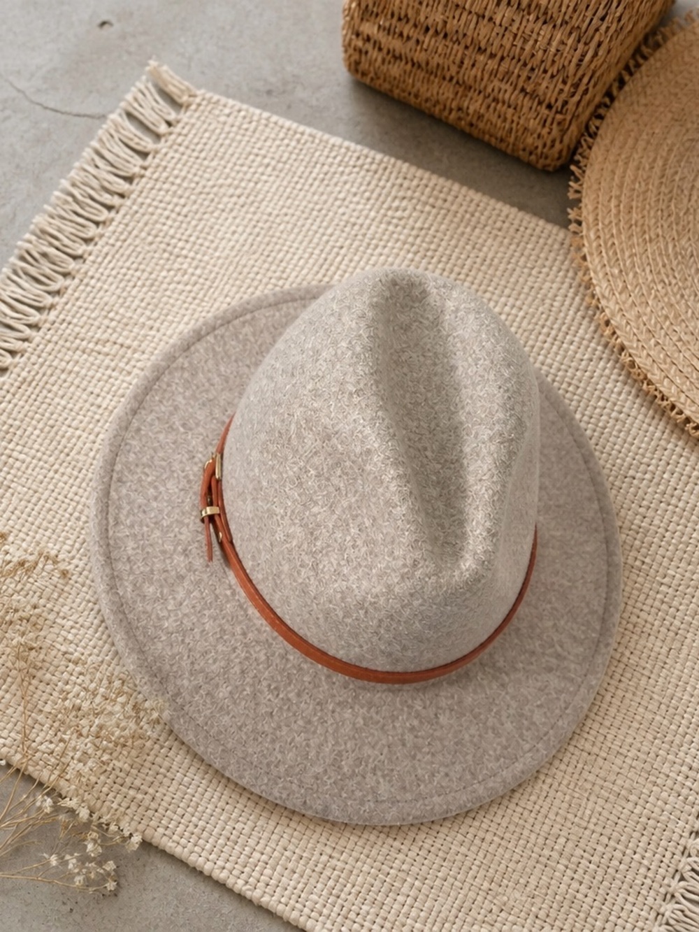 Womens Beige Felt Fedora Hat with Brown Leather Band
